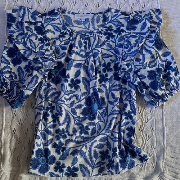 Sugarlips Blue and White Ruffled Bib Collar Blouse - Picture 1 of 7